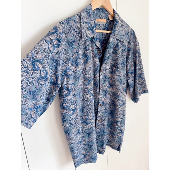 Vintage Mens Hawaiian Shirt by Bobby Chan Blue Size Large Hibiscus print Vaca - Picture 7 of 9